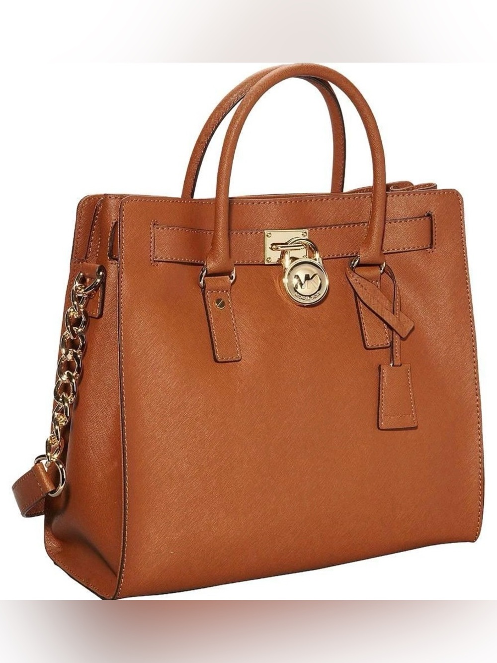 Michael Kors Large Hamilton Tote Luggage Brown Saffiano Leather Gold Lock Bag